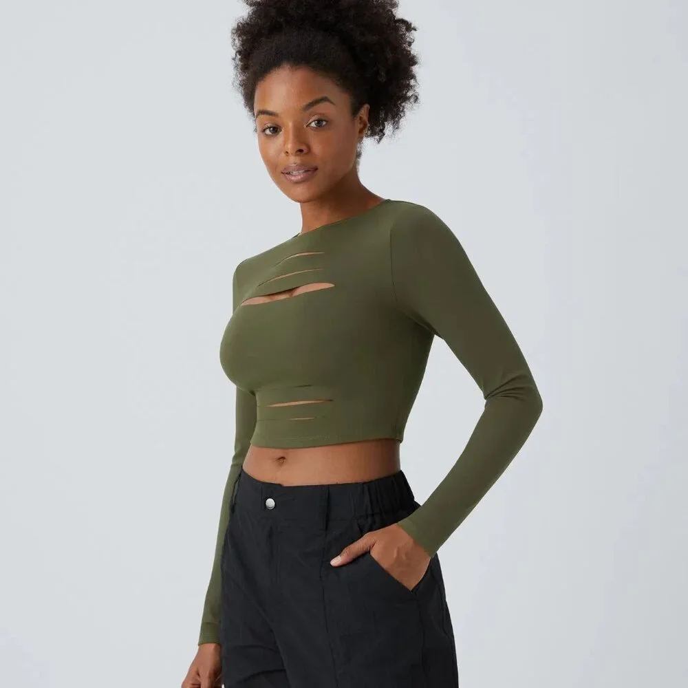 Halara Cut Out Ripped Cropped Top Green - Picture 5 of 5